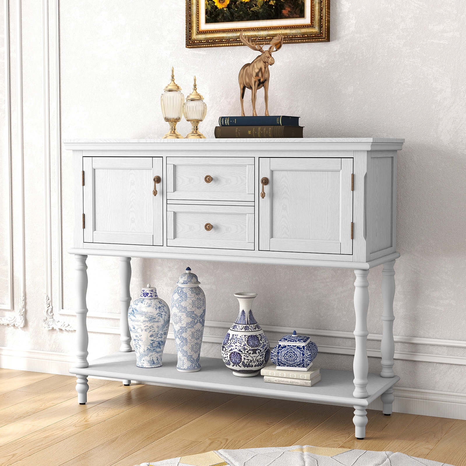 Retro Console Table With Storage, Narrow Entryway Table With 2 Drawers And 2 Door Cabinets, Long Sofa Table Behind Couch For Living Room, Foyer_maomaolike.com